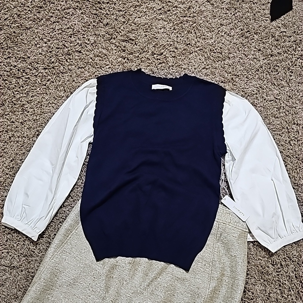 NWT Six/Fifty Darcy Mixed Media Two-Tone Top Navy & White Small Vest Blouse - Picture 3 of 6